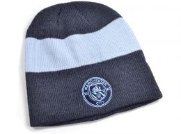 Man City Fury Striped Beanie Knitted Hat Navy Sky