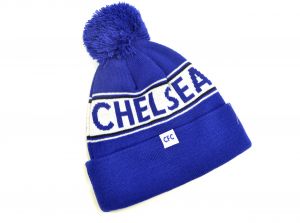 Chelsea Text Knitted Bobble Hat Royal White Blue Print