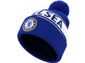 Chelsea Text Knitted Bobble Hat Royal White Blue Print