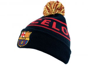 FC Barcelona Knitted Text Bobble Ski Hat Navy Burgundy