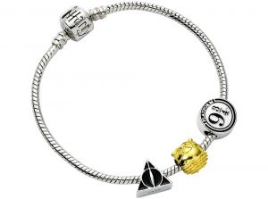 Harry Potter Silver Plated Bracelet with Deathly Hallows Golden Snitch and Platform 9 Quarters Charm