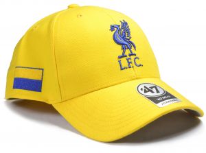 Liverpool 47 Brand MVP Baseball Cap Liverbird Crest Yellow Gold Ukraine Flag