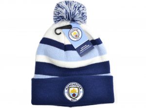 Man City Bronx Turn Up Knitted Bobble Hat Sky Navy White