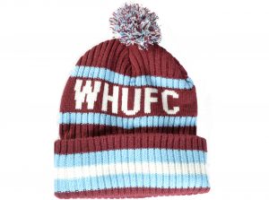 West Ham United 47 Brand Cuff Turn Up Bobble Hat Cardinal White Sky Blue